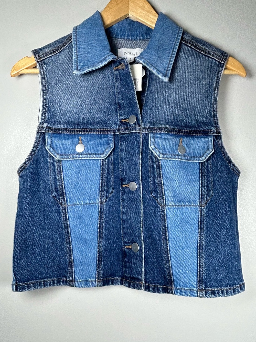 Evereve Robbie Two-Tone Denim Vest Cropped Blue Colorblock Cotton Blend NWT